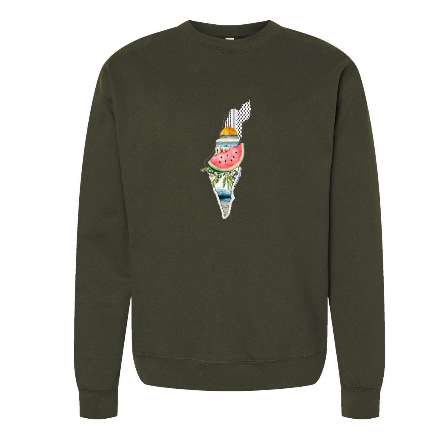 Palestine Heritage Sweatshirt – Map, Watermelon & Al-Aqsa Mosque Design