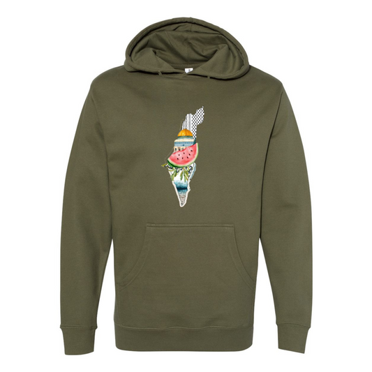 Palestine Heritage Hoodie – Map, Watermelon & Al-Aqsa Mosque Design