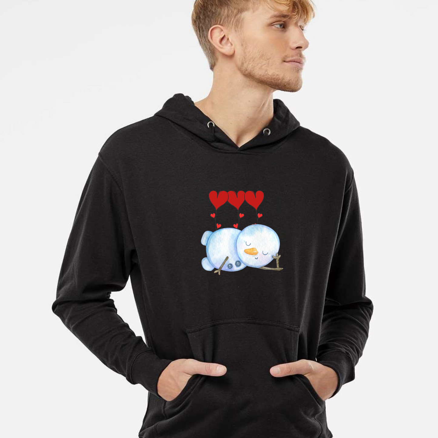 Sleeping Snowman with Heart Balloons Hoodie – Cozy Valentine's Day Design