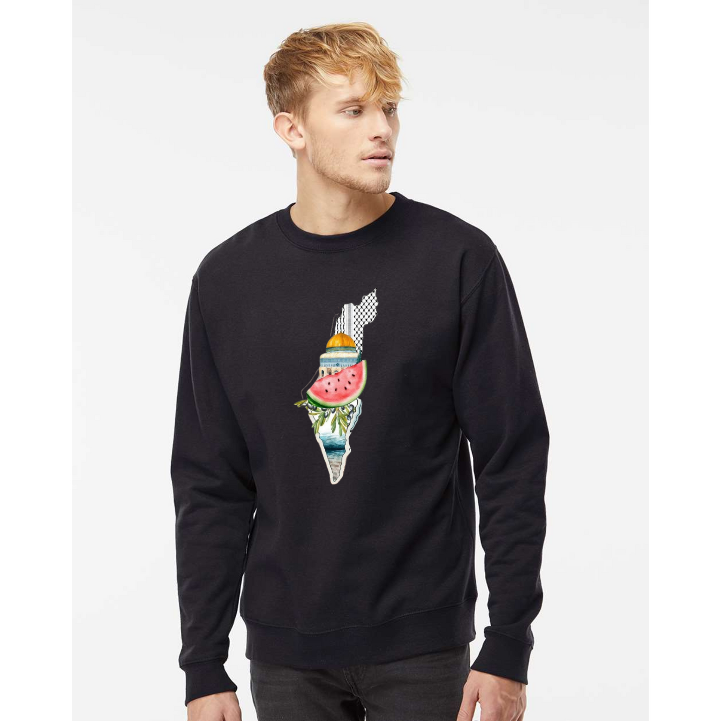 Palestine Heritage Sweatshirt – Map, Watermelon & Al-Aqsa Mosque Design