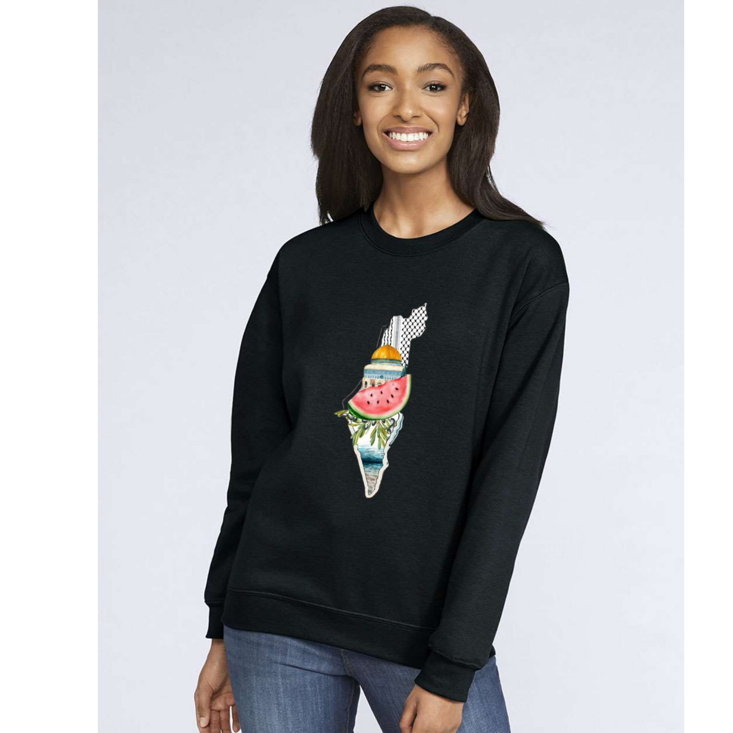 Palestine Heritage Sweatshirt – Map, Watermelon & Al-Aqsa Mosque Design