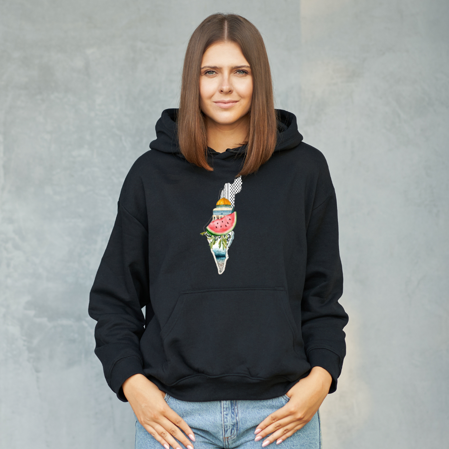 Palestine Heritage Hoodie – Map, Watermelon & Al-Aqsa Mosque Design