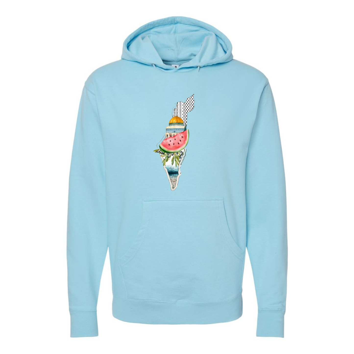 Palestine Heritage Hoodie – Map, Watermelon & Al-Aqsa Mosque Design