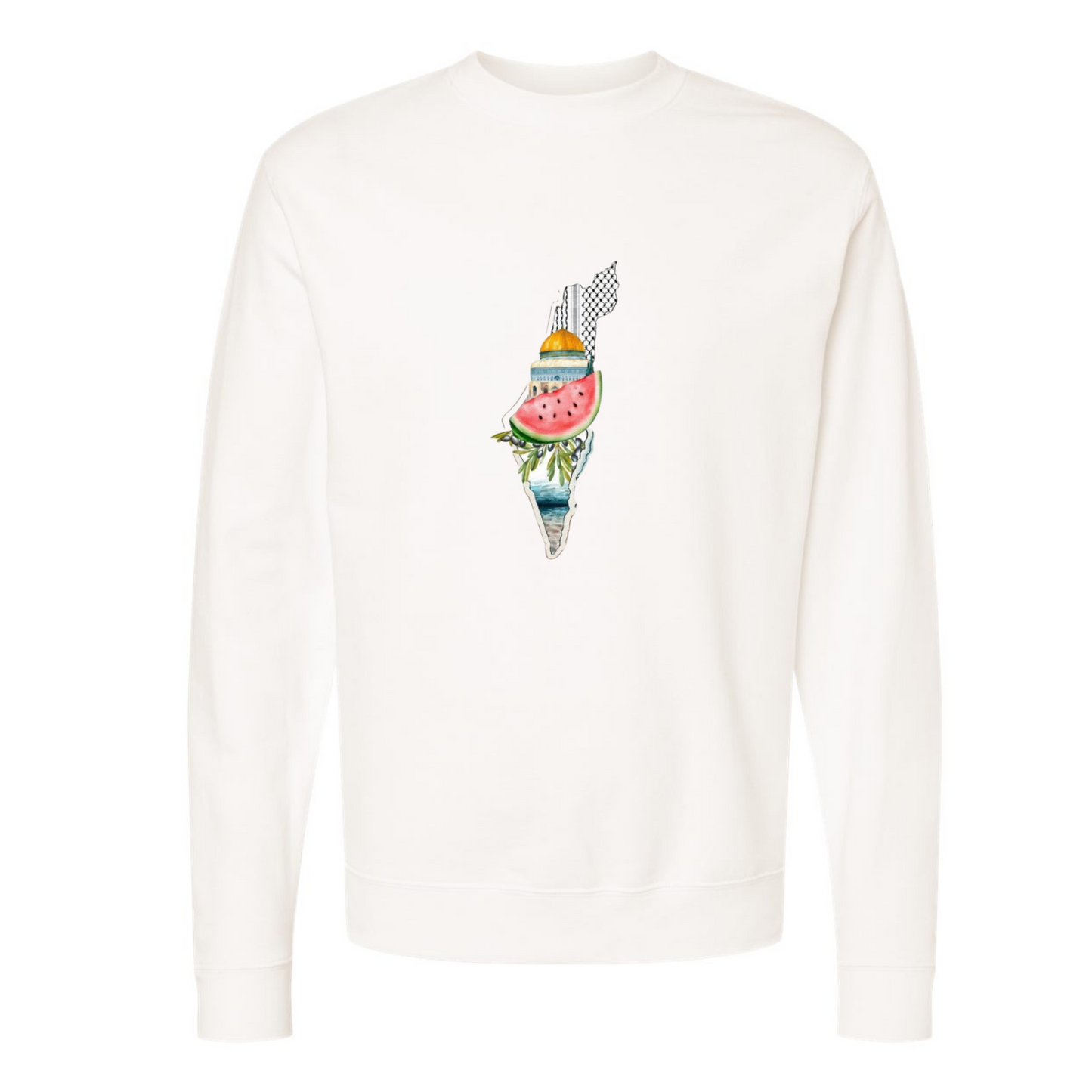 Palestine Heritage Sweatshirt – Map, Watermelon & Al-Aqsa Mosque Design