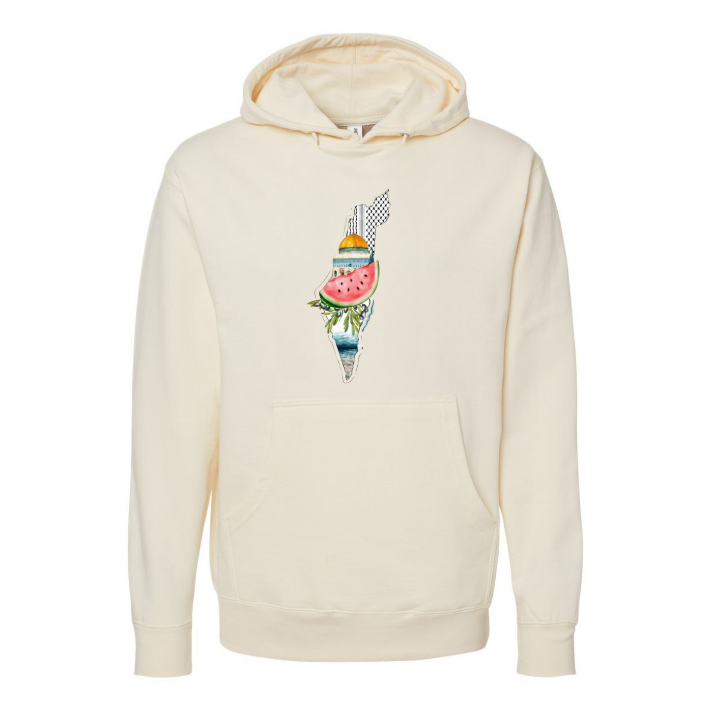 Palestine Heritage Hoodie – Map, Watermelon & Al-Aqsa Mosque Design