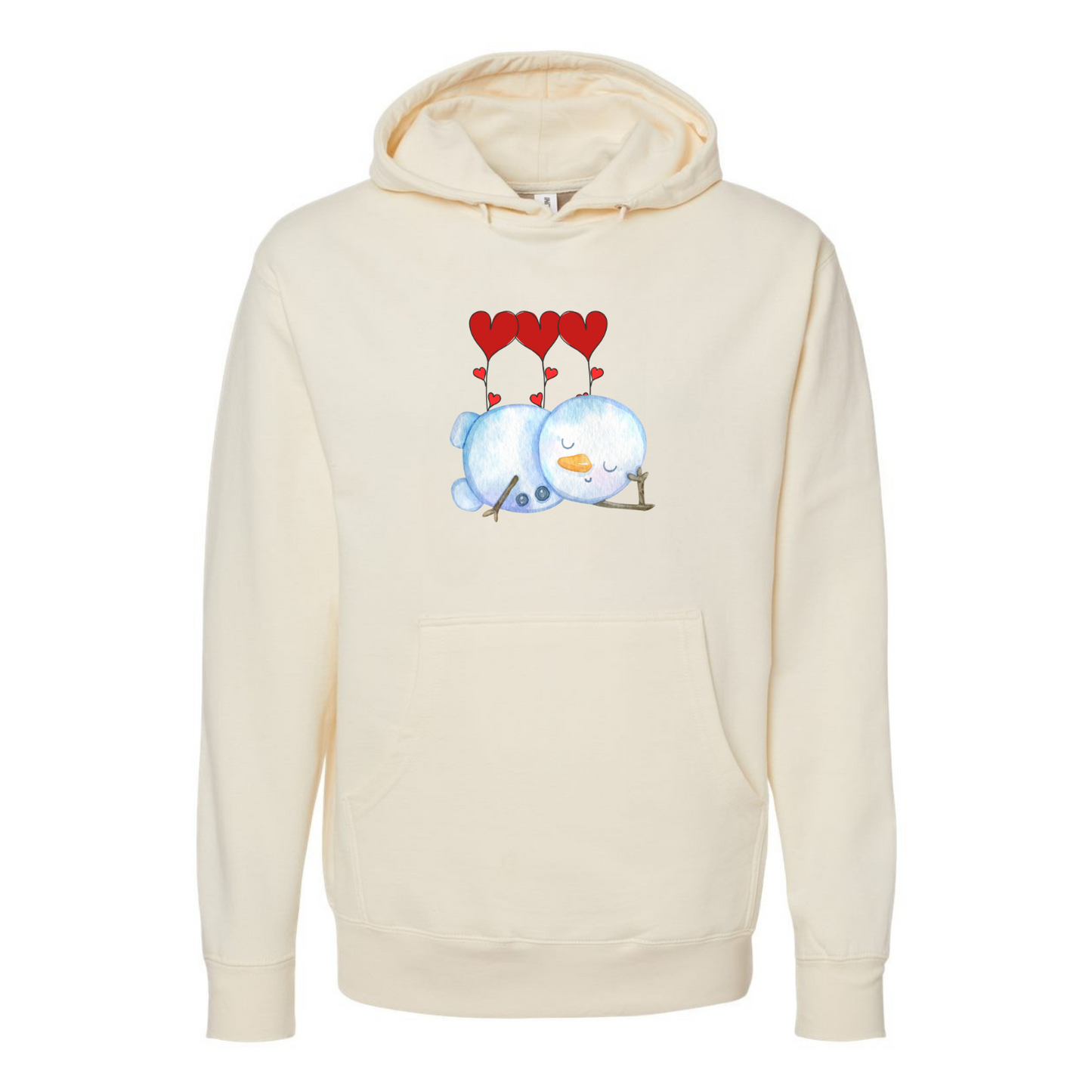 Sleeping Snowman with Heart Balloons Hoodie – Cozy Valentine's Day Design