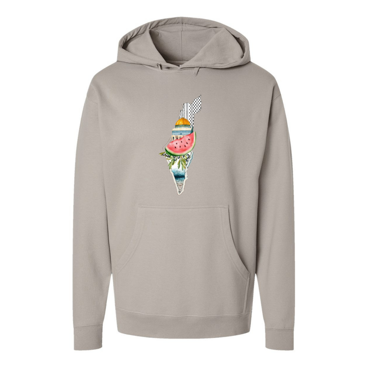 Palestine Heritage Hoodie – Map, Watermelon & Al-Aqsa Mosque Design