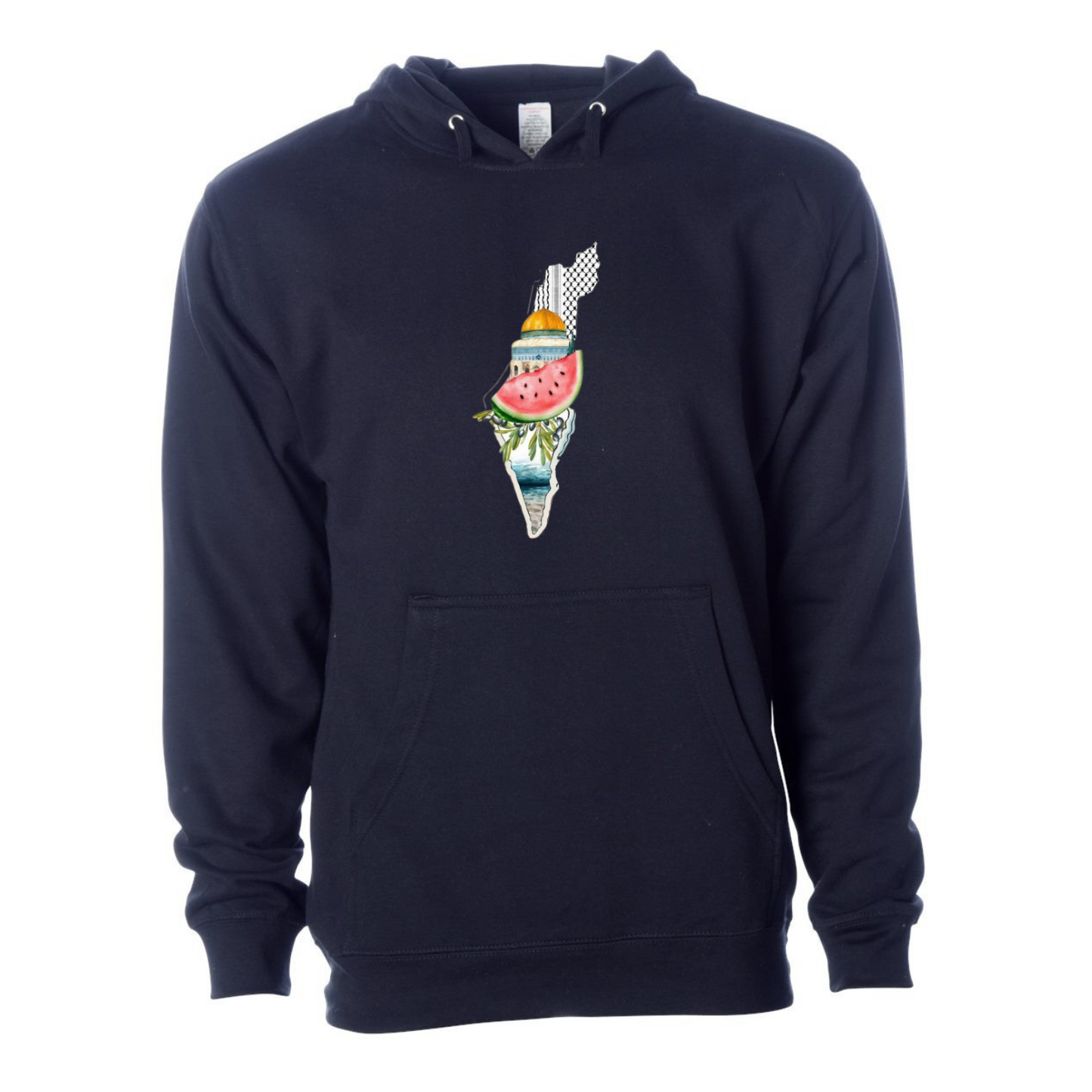 Palestine Heritage Hoodie – Map, Watermelon & Al-Aqsa Mosque Design