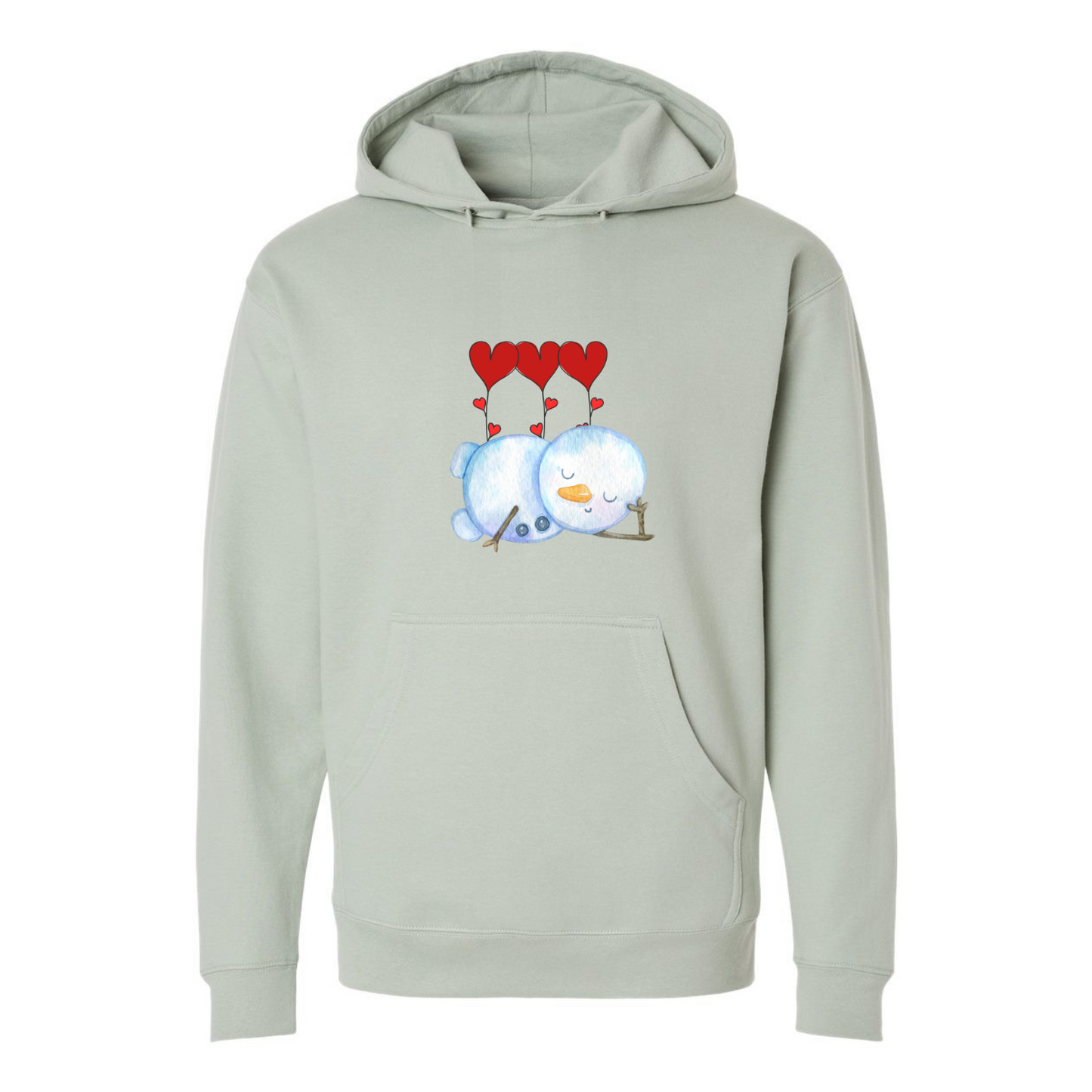 Sleeping Snowman with Heart Balloons Hoodie – Cozy Valentine's Day Design