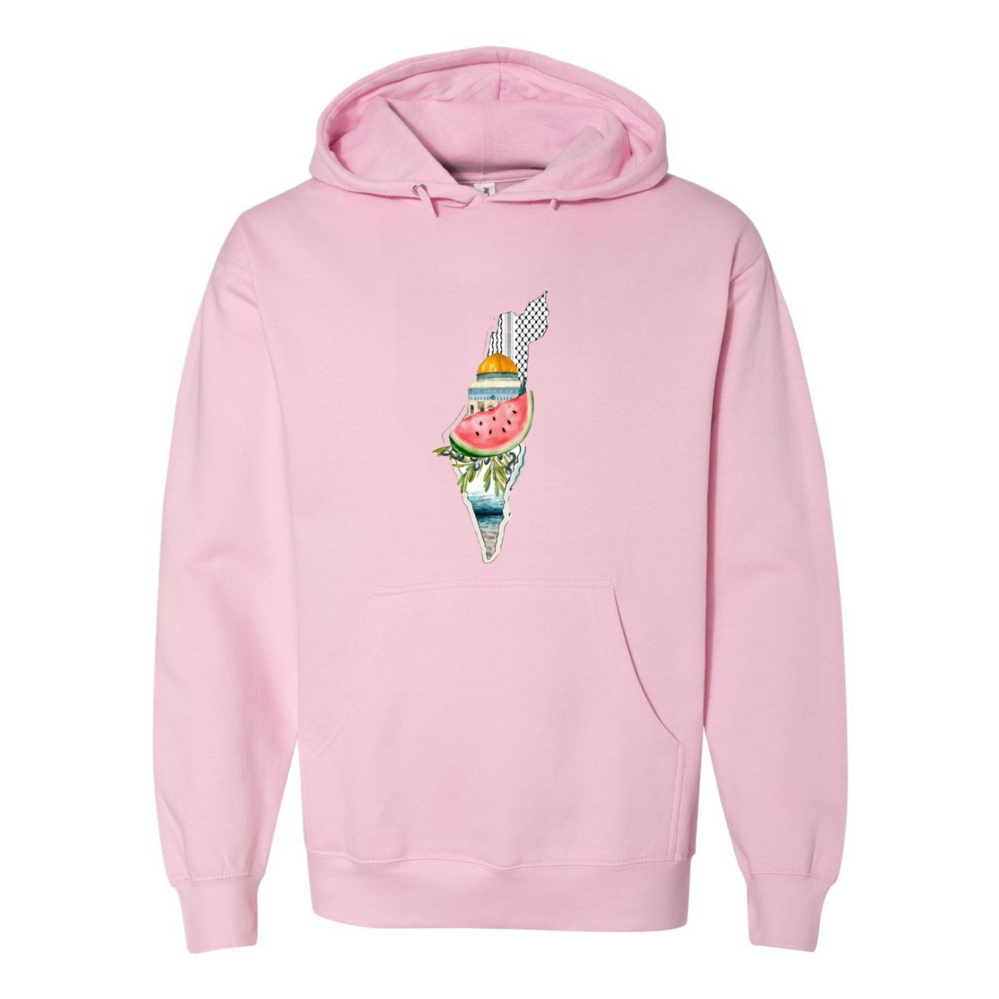 Palestine Heritage Hoodie – Map, Watermelon & Al-Aqsa Mosque Design