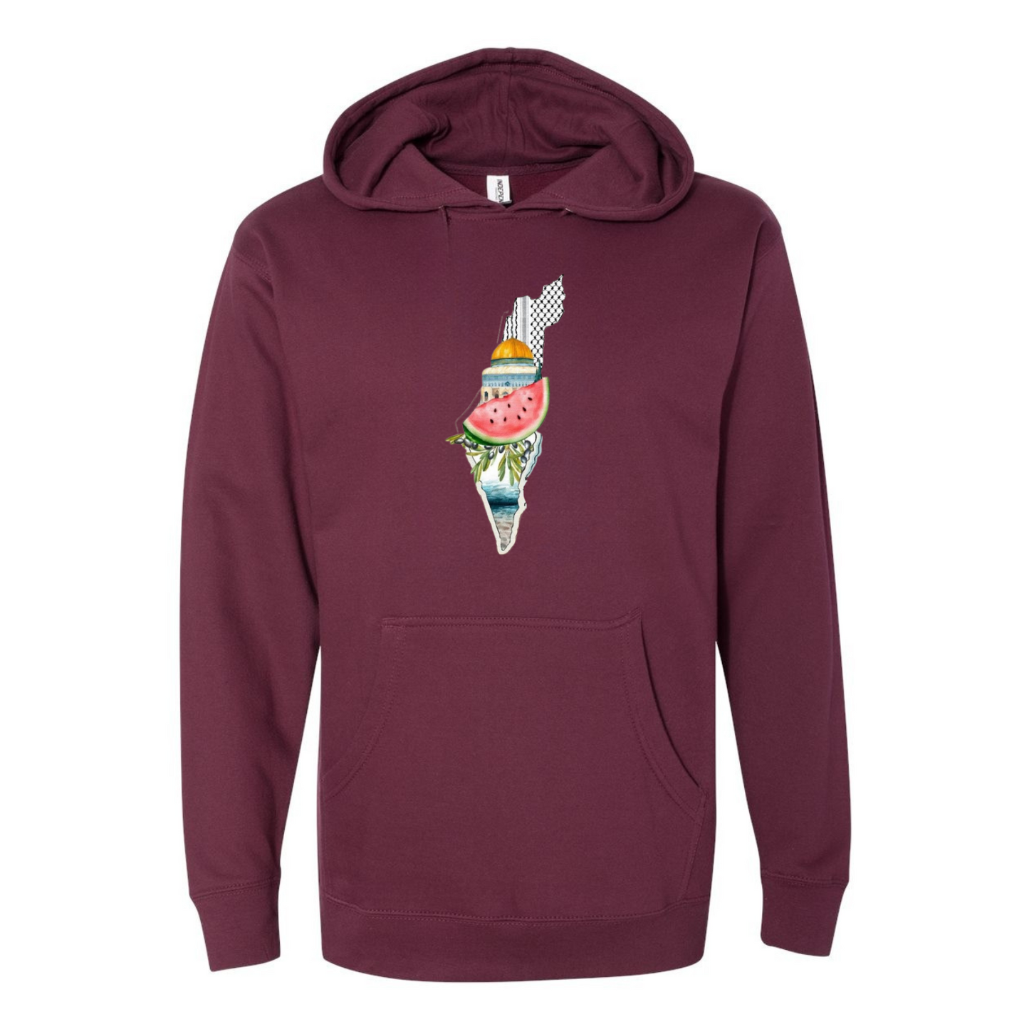 Palestine Heritage Hoodie – Map, Watermelon & Al-Aqsa Mosque Design